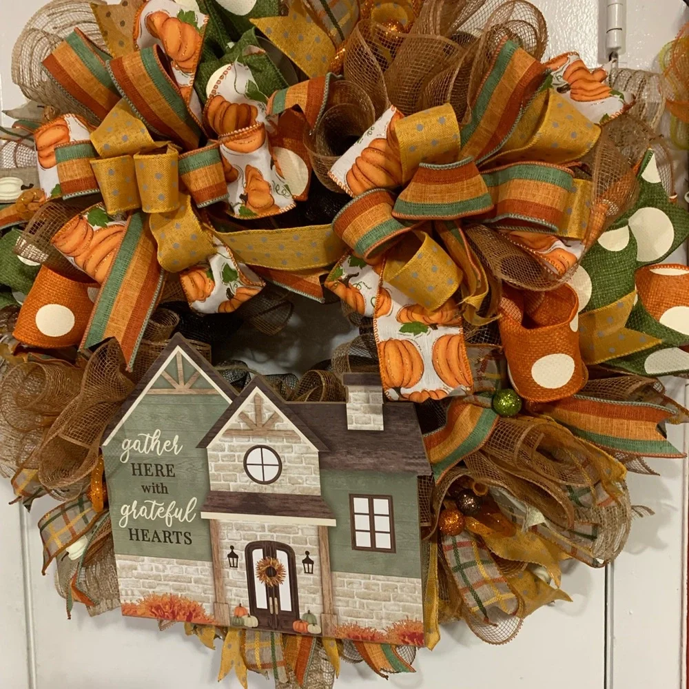 Hand Crafted Festive Wreath with Orange and Green Accents